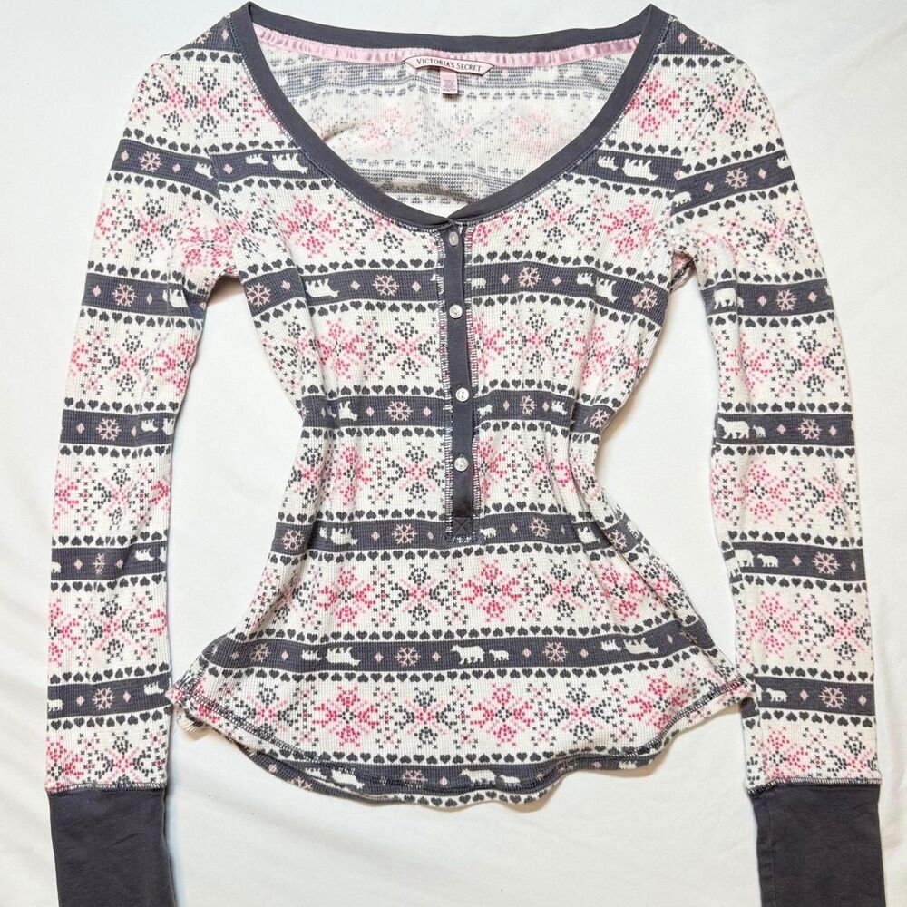 Victoria’s Secret PINK Thermal Henley PJ Top Fair Isle Pink & Grey
